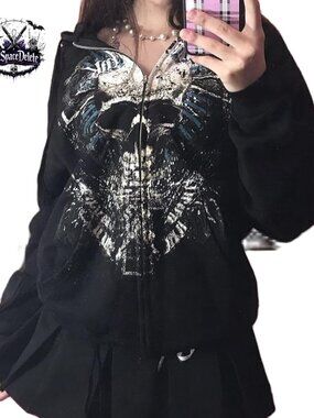Oversized Zip Up Hoodie with Skull Graphic, Loose Fit, Long Sleeve